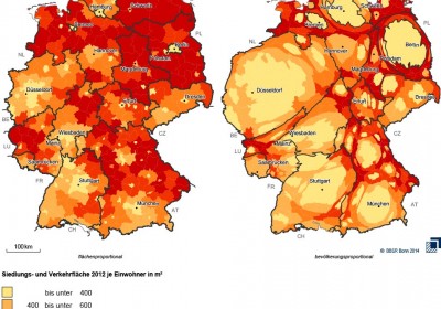 Deutschlandkarte mit der Siedlungs- und Verkehrsfläche 2012 je Einwohner in m²